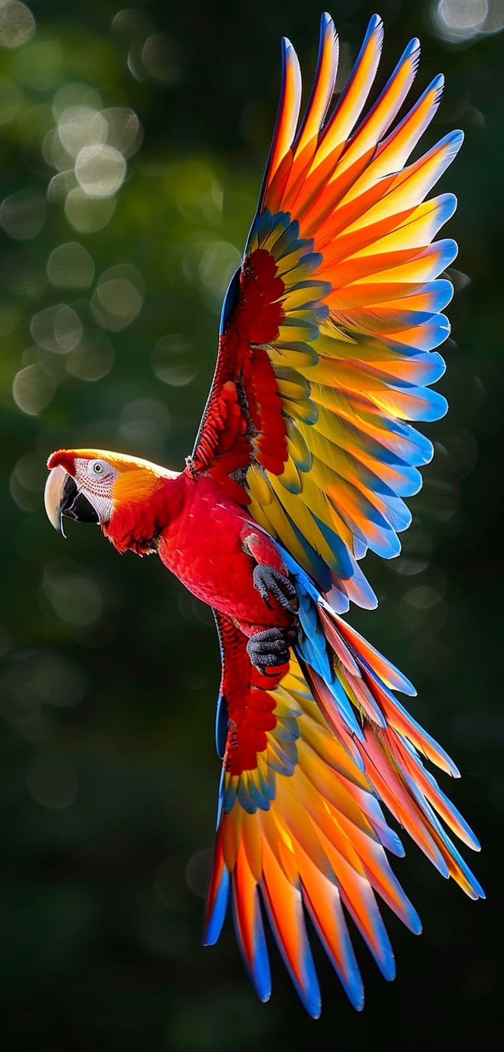 A scarlet macaw in flight with its wings spread
