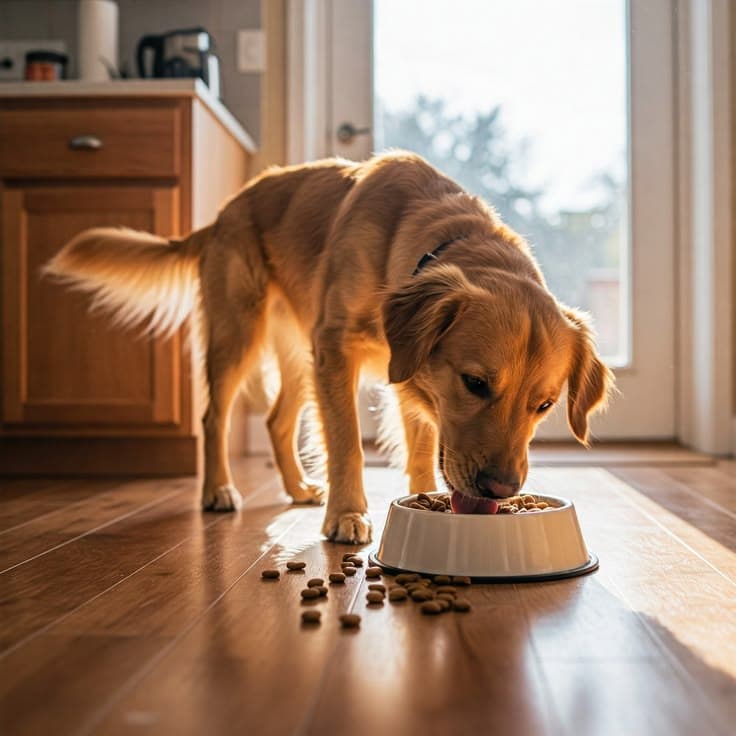 A golden retriever eating from its bowl in a sunlit kitchen